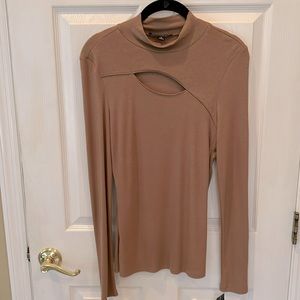 INC: Mock-neck, cutout, ribbed lightweight long sleeve top~ SZ M ~ salted nut